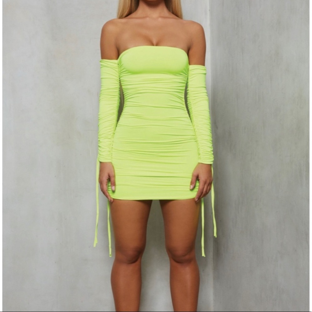 OH POLLY NEON GREEN RUCHED MINI DRESS